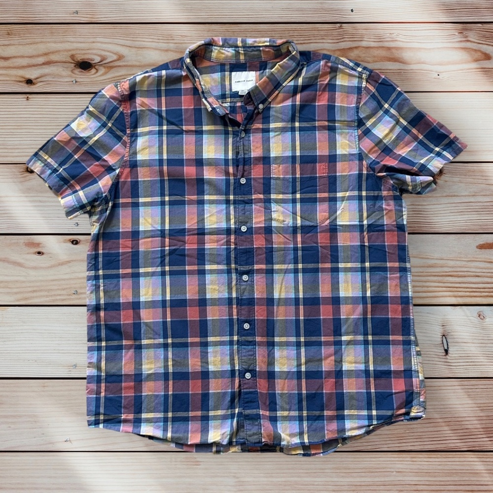 Men's American Eagle XXXL Short Sleeve Pastel Plaid Casual Button Down Shirt